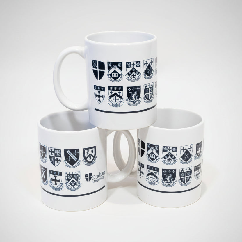 White mug with college crest in ink colour